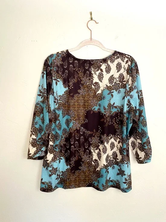 Allison Daley XL Turquoise Brown Floral Patchwork Long Sleeve Top Rhinestones - Picture 6 of 6